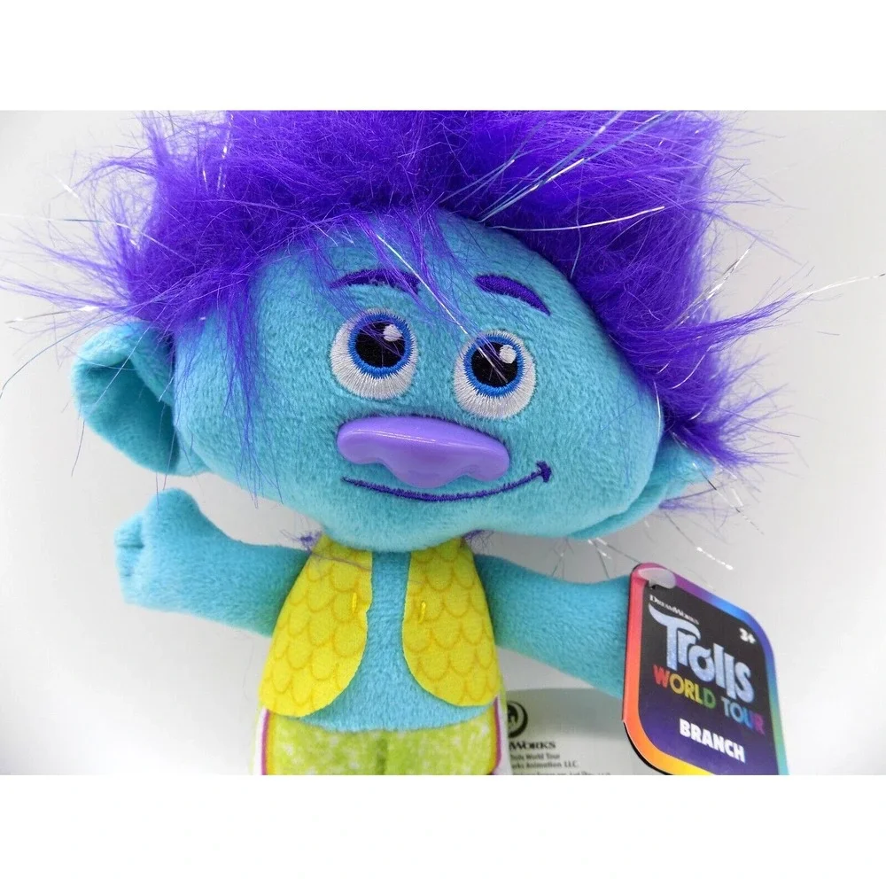 Dreamworks Trolls World Tour Branch Plush Blue Stuffed Toy Purple Hair Tinsel